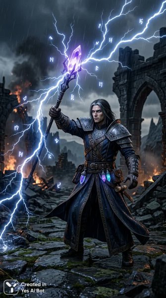 Маг из Runes of Magic: Могущественный заклинатель в бою. Нейросеть Nano Banana