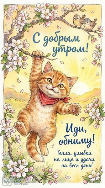 Утреннее приветствие: котенок в ветвях яблони с добрыми пожеланиями. Нейронная сеть Nano Banana