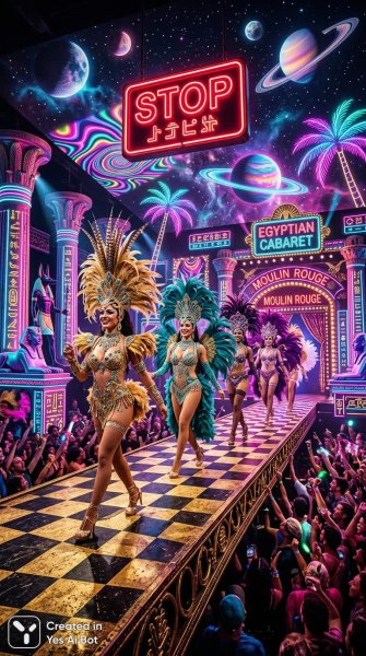 Египетский гламур: безумный микс стиля ретровейв и Moulin Rouge. Картинка из нейросети NanoBanana