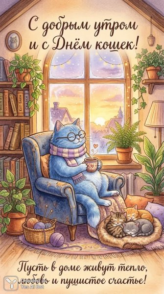 Уютное утро с котиком и теплыми пожеланиями. Картинка из нейросети Нано Банана