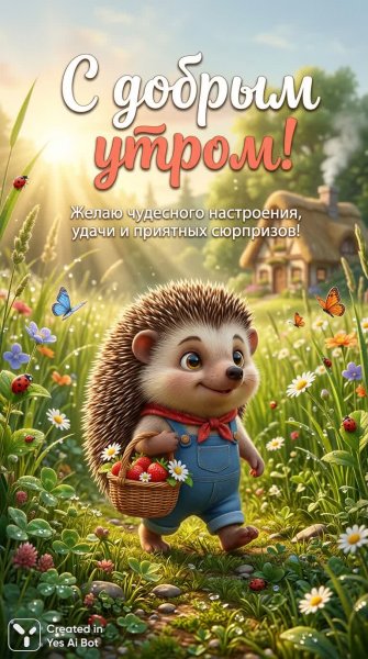 Утреннее волшебство ежика с ягодами и цветами. Генерация из нейросети Nano Banana