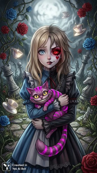Разделенная Алиса: Темная фантазия в Wonderland с безумным котом и двойственной личностью. Генерация из нейросети Нано Банана