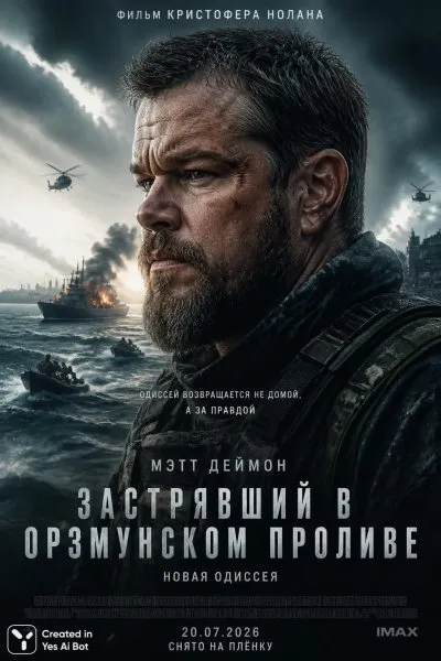 Одиссея Нолана: Ветеран застрял в Орзмунском проливе 8k. Изображение из нейронной сети Sora Ai Images