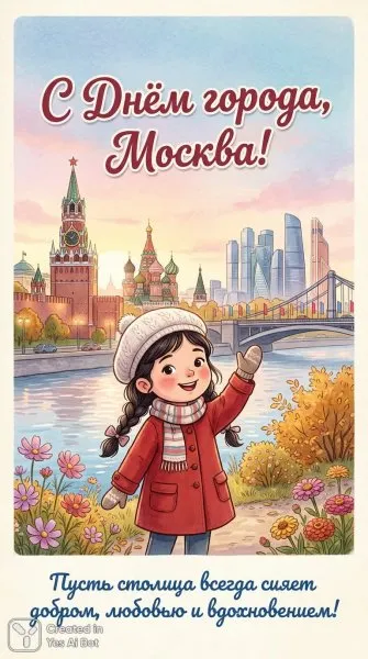 Москва в осеннем свете: праздничное приветствие городу. Нейронная сеть NanoBanana