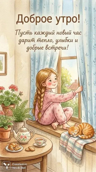 Утро в объятиях тепла и нежности: сказочный акварельный рассвет для детей. Генерация из нейросети NanoBanana