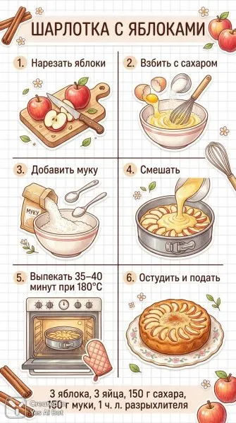 Идеальная шарлотка: пошаговый рецепт с яблоками и секретами приготовления. Изображение из нейронной сети Nano-Banana
