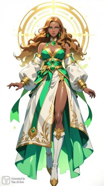 Изящная жрица в изумрудном одеянии: фэнтезийный портрет. Картинка из нейронной сети Flux.1