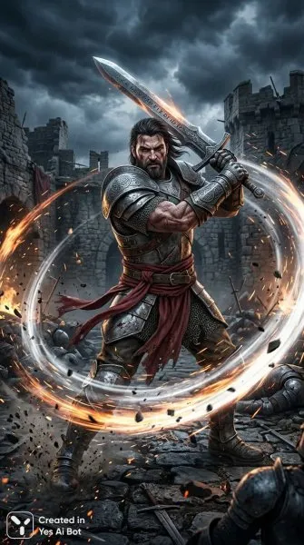 Воин из Runes of Magic: вихрь стали в руинах крепости под грозовыми тучами. Картинка из нейросети Nano Banana