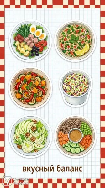 Шесть аппетитных салатов: идеальный вкусный баланс в стильном оформлении. Нейронная сеть NanoBanana