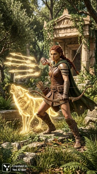 Охотница из Titan Quest: Дух природы и смертоносные стрелы в древнем лесу. Картинка из нейросети Nano-Banana