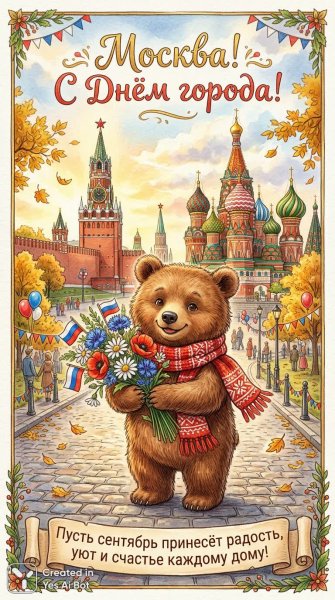 Праздничная открытка с милым медвежонком и Красной площадью. Генерация из нейронной сети Nano-Banana