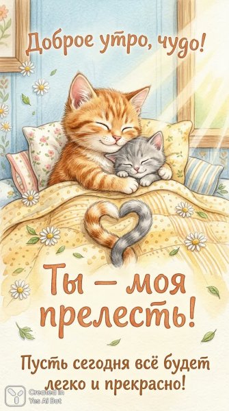 Уютное утро двух котиков под тёплым одеялом — символ любви и нежности. Картинка из нейронной сети Nano-Banana