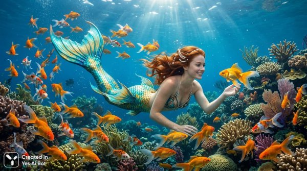 Подводная элегия: русалка в царстве кораллов и золотых рыбок. Изображение из нейронной сети NanoBanana