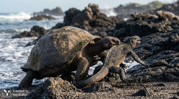 Борьба гигантов: черепаха и морской игуана на вулканическом берегу. Генерация из нейросети Nano-Banana