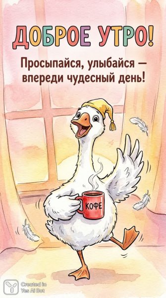 Утро с гусем-кофеманом: веселое начало дня в нежных тонах. Нейросеть Нано Банана