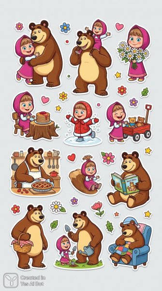 Маша и Медведь: Веселый сборник наклеек с яркими иллюстрациями. Картинка из нейронной сети Nano-Banana