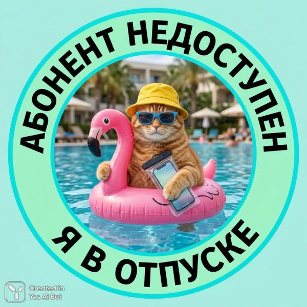 Котик в отпуске на фламинго: безмятежный релакс и абонент недоступен. Нейросеть Nano-Banana