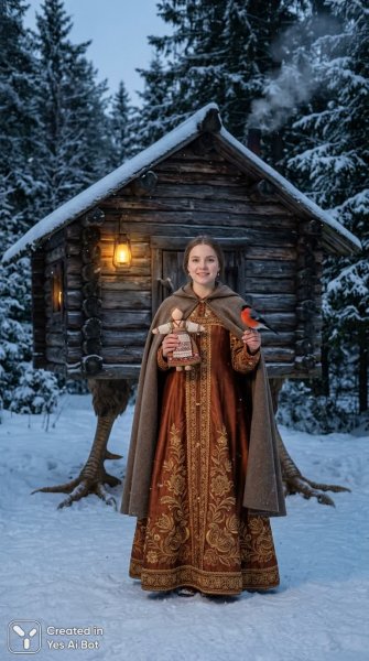 Василиса Премудрая и избушка на курьих ножках в зимнем лесу: сказочная русская атмосфера. Генерация из нейросети Nano Banana