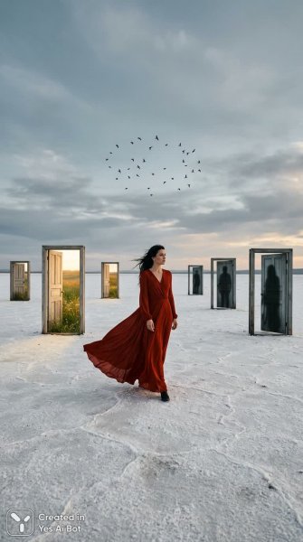 Белая равнина: женщина среди забытых дверей и теней прошлого. Картинка из нейросети NanoBanana