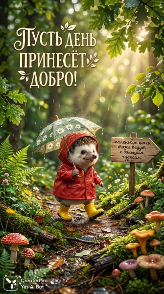 Лесная сказка с ежиком: маленькие шаги к добру и чудесам. Генерация из нейронной сети Нано Банана