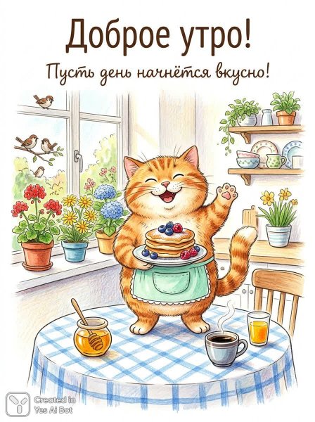 Веселый пухлый кот готовит вкусный завтрак в солнечном уголке кухни. Изображение из нейронной сети Нано Банана