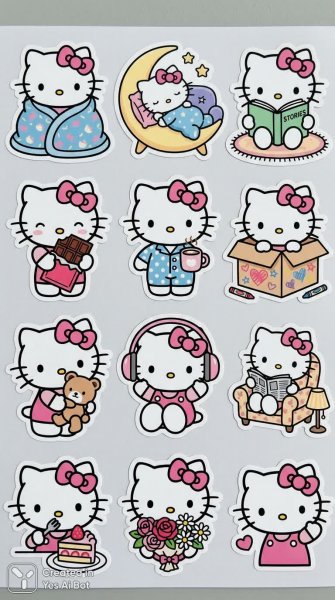 Стикеры Hello Kitty: уютный мир любимой кошки в пастельных тонах. Картинка из нейронной сети NanoBanana