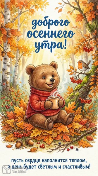 Осеннее утро: тепло, уют и сказочное настроение с медвежонком. Генерация из нейросети Nano Banana