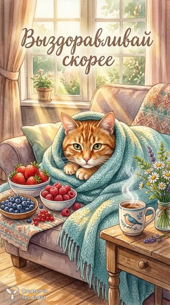 Уютный кот и ягоды: теплая иллюстрация для выздоровления. Картинка из нейросети Nano Banana