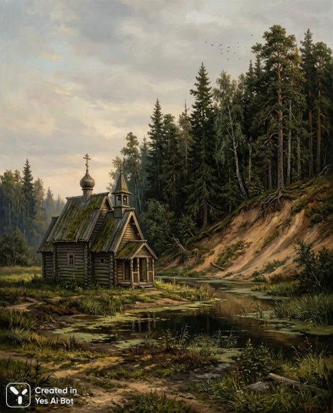 Лесная часовня: тишина и безмятежность русской пасторали. Картинка из нейронной сети Нано Банана