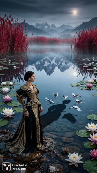 Сюрреалистичный портрет: золото, чернь и отражения в воде. Генерация из нейронной сети Nano Banana
