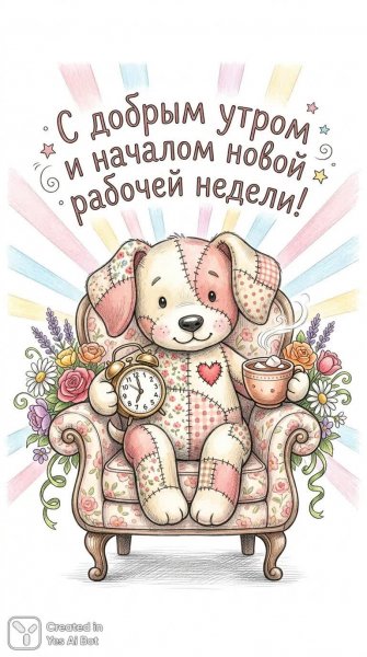 Уютный щенок с чашкой какао и добрыми пожеланиями утра. Картинка из нейросети Nano-Banana