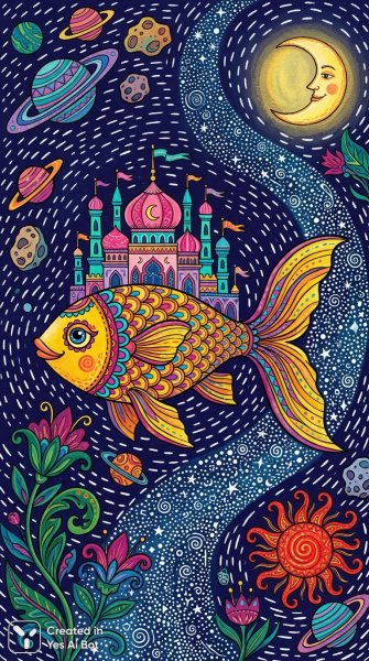 Космическая рыба: сказочный дворец и звездная река. Картинка из нейронной сети Nano-Banana