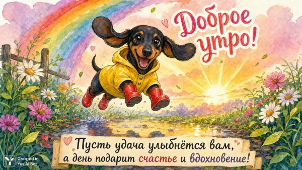 Собака в дождевике: утреннее настроение и радуга над лугом. Картинка из нейронной сети Sora Images