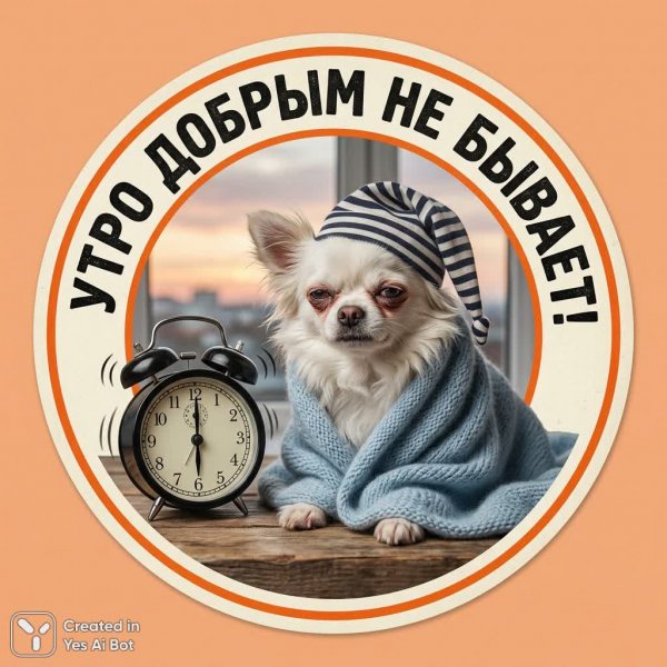 Собачье утро: Недовольный чихуахуа и будильник в стиле ретро. Генерация из нейросети Nano Banana