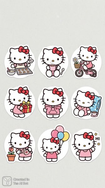 Коллекция стикеров Hello Kitty: милый котенок в девяти позах. Изображение из нейросети Нано Банана