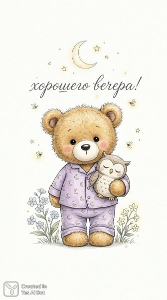 Милый медвежонок в лавандовых пижамах и волшебный вечерний сад с совой. Нейросеть Nano-Banana