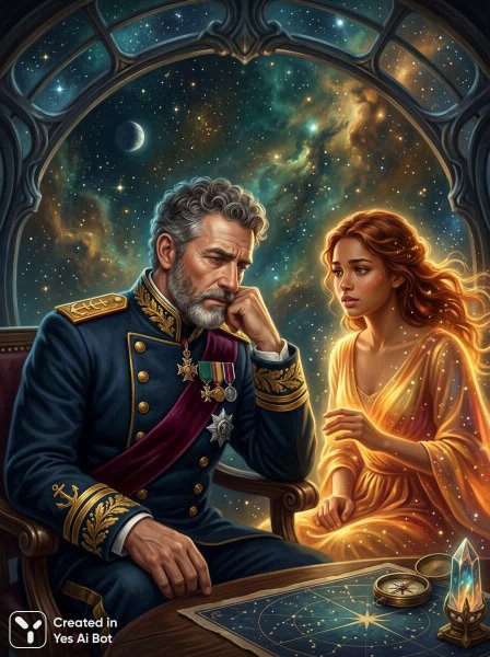 Адмирал и светящаяся нимфочка в космической бездне: цифровое полотно в стиле фэнтези. Генерация из нейросети Nano Banana