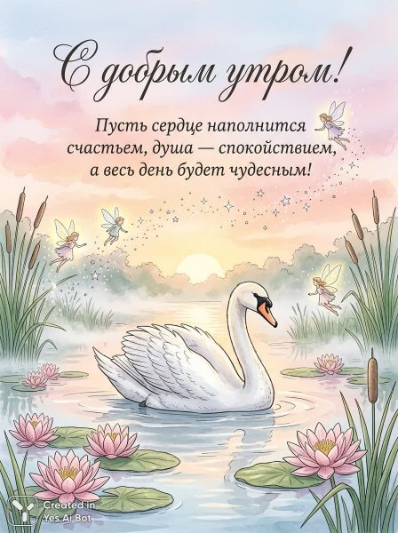 Волшебное утро: лебедь и феи на рассвете над тихой гладью озера с лилиями. Картинка из нейронной сети Нано Банана