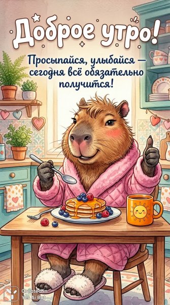Утреннее настроение капибары: вкусные завтраки и позитивный настрой. Нейросеть Нано Банана