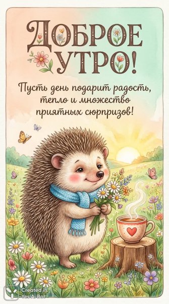 Утреннее приветствие с милым ежиком и чашкой чая. Нейронная сеть Нано Банана