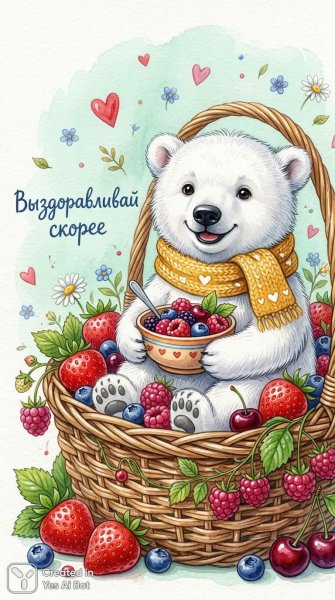 Милый медвежонок с ягодами и теплым шарфом: иллюстрация для детской книги. Картинка из нейросети Nano Banana