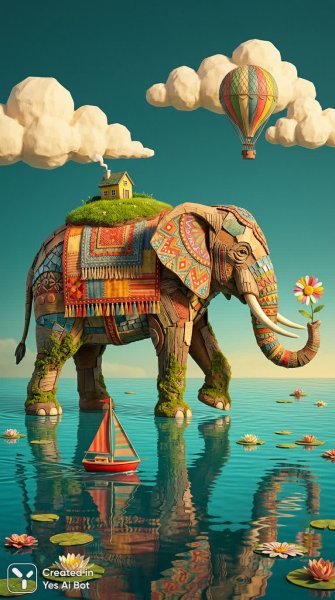 Сложный пейзаж: слон из картона и ткани на морском пути. Нейросеть Nano Banana