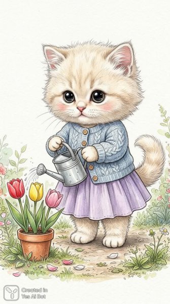 Милый котенок в кардигане: иллюстрация из старинной детской книжки. Генерация из нейросети Nano-Banana