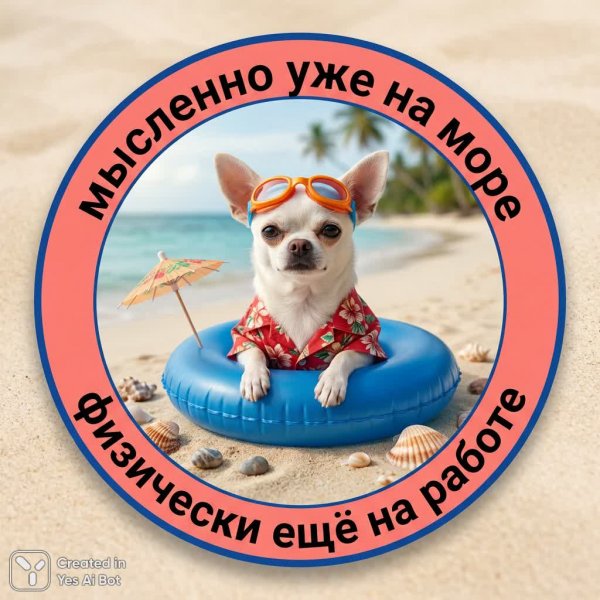 Чиххуахуа мечтает о море: офисный плен и летние грезы. Картинка из нейронной сети Нано Банана