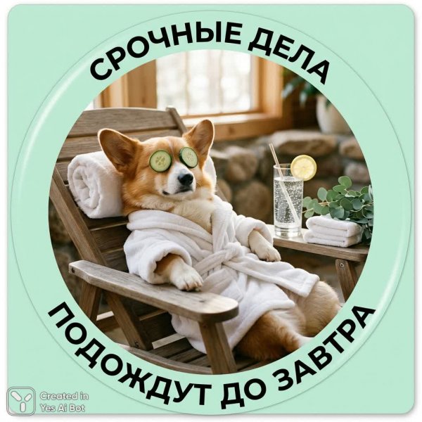 Корги в спа: срочные дела подождут до завтра, расслабление и юмор. Изображение из нейронной сети Nano Banana