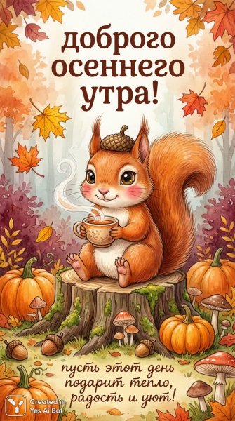 Осеннее утро с рыжим бельчонком и чашкой чая. Нейронная сеть Нано Банана