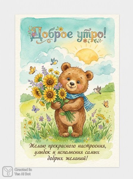Солнечный мишка с подсолнухами: волшебное утро в русском стиле. Картинка из нейронной сети Nano Banana