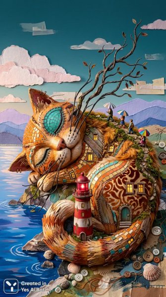 Спящий кот и маяк: сказочная коллажная вселенная в деталях. Картинка из нейронной сети NanoBanana