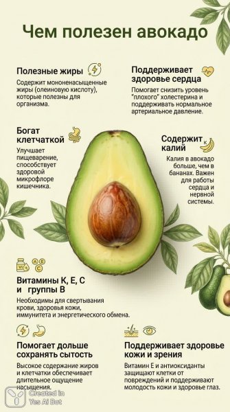 Авокадо: польза для здоровья и красоты в деталях. Картинка из нейросети Нано Банана