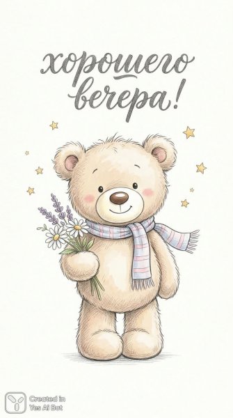 Милый плюшевый мишка с цветами и добрым вечером!. Генерация из нейронной сети NanoBanana